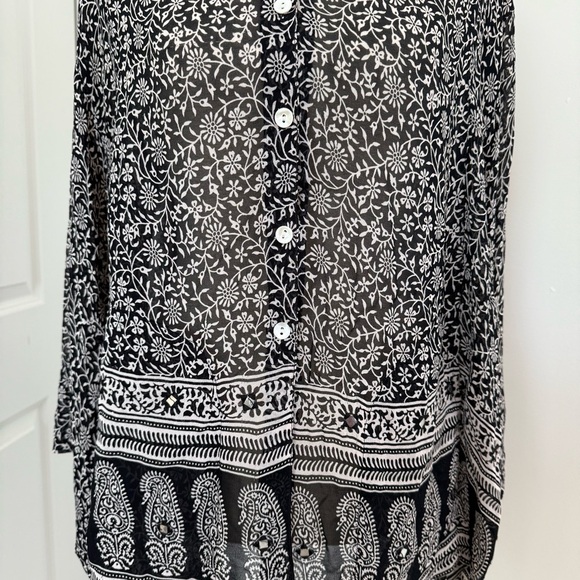 Rene Derhy Top Womens Large Black White Paisley Artsy Boho Peasant Blouse - Picture 2 of 10